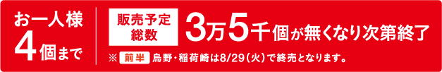 お一人様4個まで　販売予定総数　3万5千個が無くなり次第終了　※前半　烏野・稲荷崎は8/29（火）で終売となります。