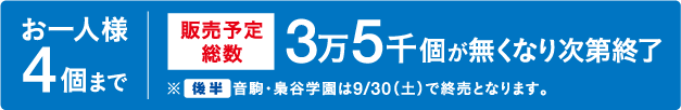 お一人様4個まで　販売予定総数　3万5千個が無くなり次第終了　※後半 音駒・梟谷学園は9/30（土）で終売となります。