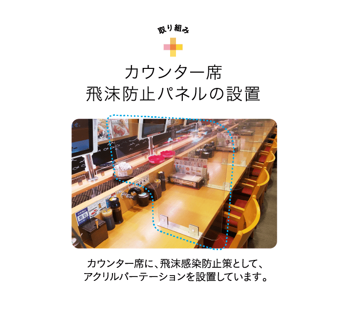 カウンター席飛沫防止パネルの配置　カウンター席に、飛沫防止策として、アクリルパーテーションを設置しています。