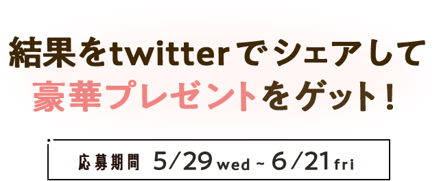 結果をtwitterでシェアして豪華プレゼントをゲット！ 応募期間 5/29(水)~6/21(金)