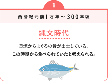 西暦紀元前1万年～300年頃　縄文時代　貝塚からまぐろの骨が出土している。この時期から食べられていたと考えられる。