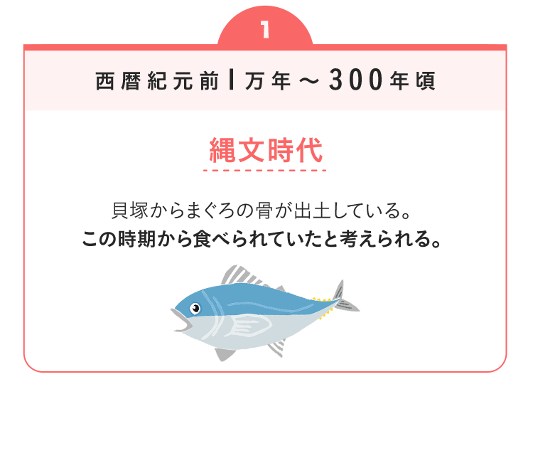 西暦紀元前1万年～300年頃　縄文時代　貝塚からまぐろの骨が出土している。この時期から食べられていたと考えられる。