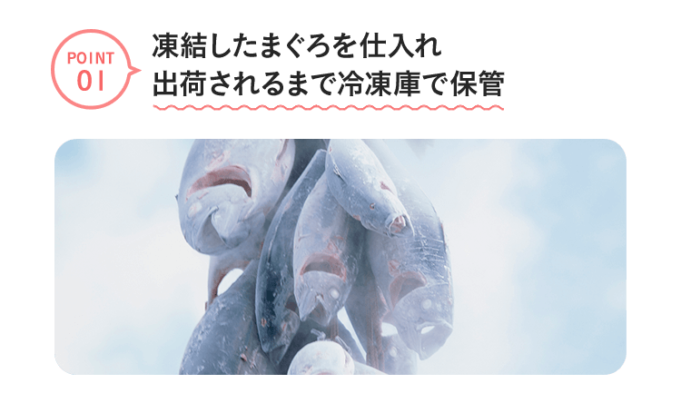 point1　凍結したまぐろを仕入れ出荷されるまで冷凍庫で保管
