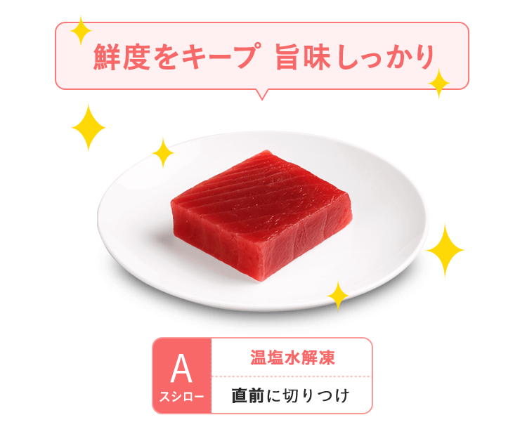 A：スシロー　温塩水解凍　直前に切りつけ　鮮度をキープ　旨味しっかり